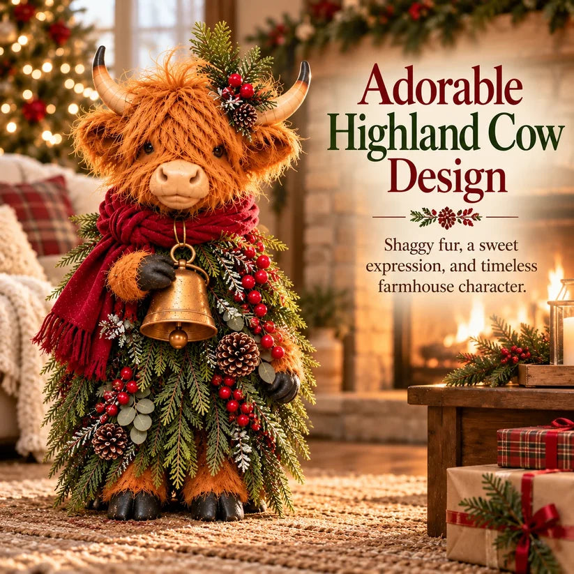 Christmas Highland Cow with Bell – Rustic Farmhouse