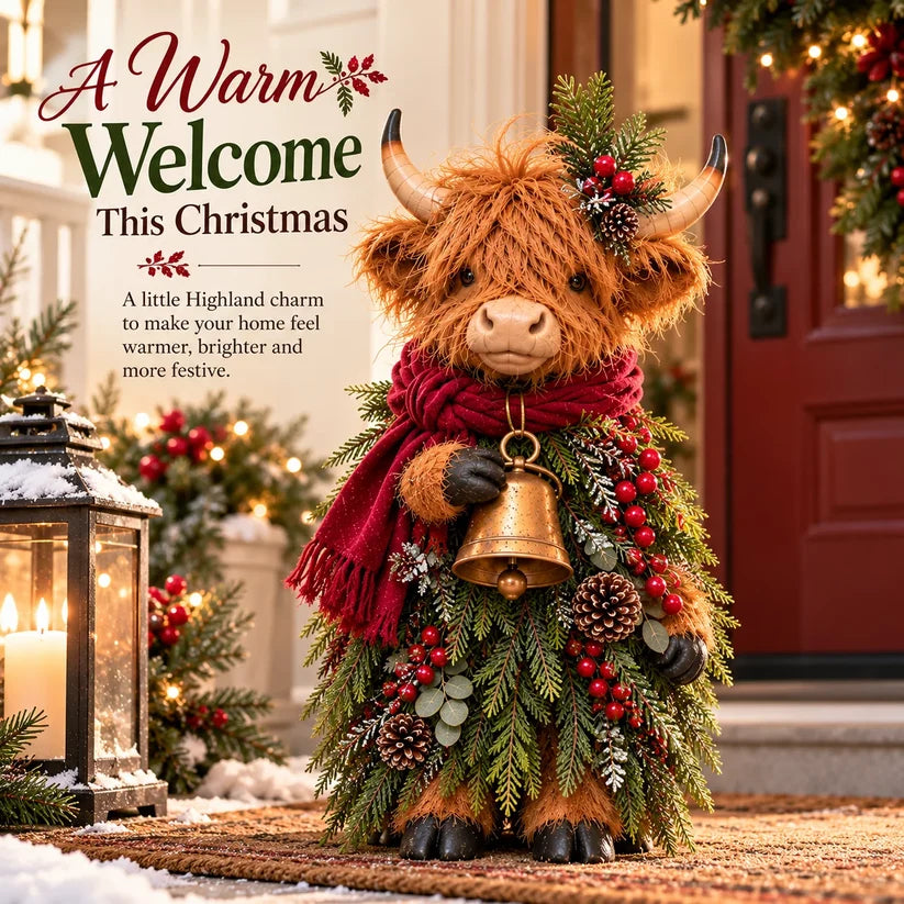 Christmas Highland Cow with Bell – Rustic Farmhouse