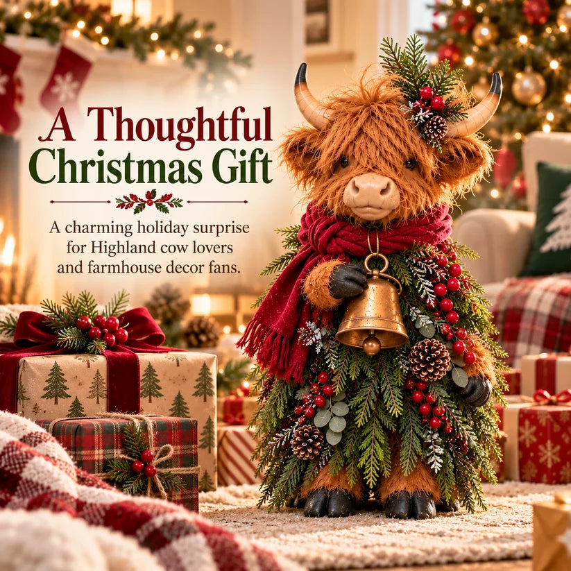 Christmas Highland Cow with Bell – Rustic Farmhouse