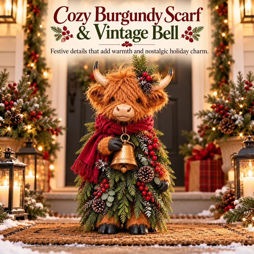 Christmas Highland Cow with Bell – Rustic Farmhouse