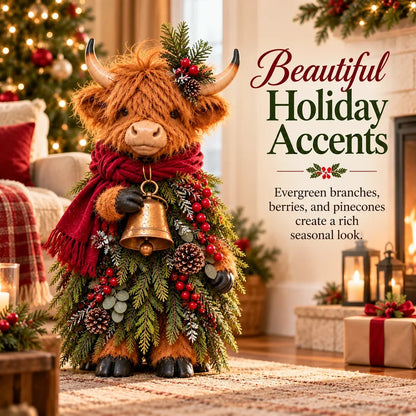 Christmas Highland Cow with Bell – Rustic Farmhouse