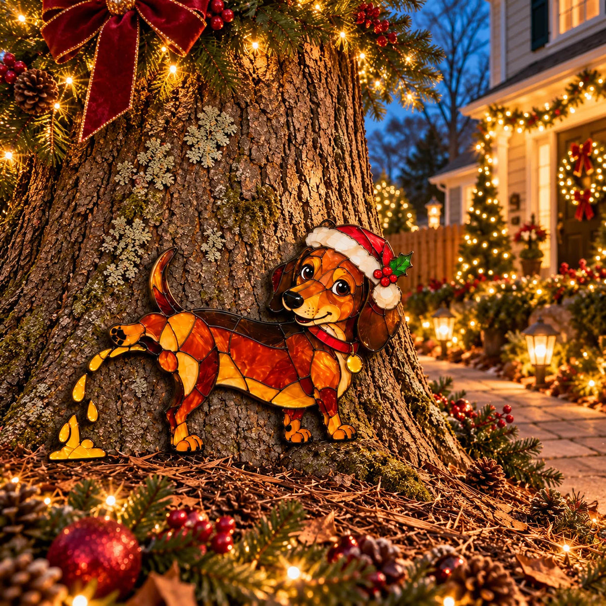 Funny Peeing Dachshund Christmas Decoration -Stained Glass-Style Sausage Dog Yard Art & Baseboard Decor