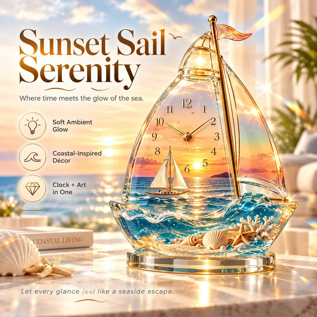 🌊50% OFF !! ⏰ - 🕰️ Coastal Crystal Clock for Ocean-Inspired Decor 🐚