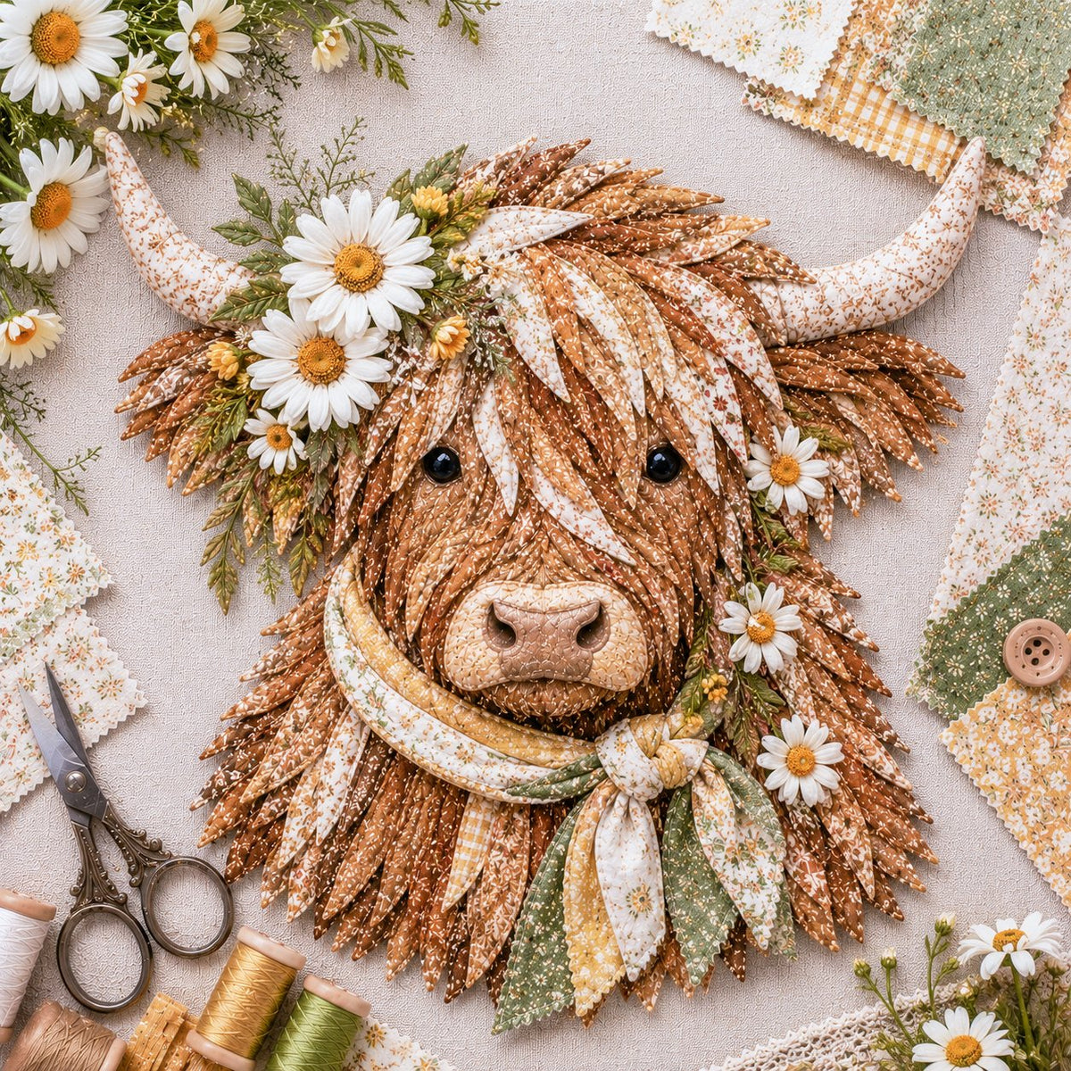 🔥 Last Day 50% OFF✨-🐮 DIY Highland Cow 3D Fabric Art Kit with Beautiful Birth Flower Design 🌸✨