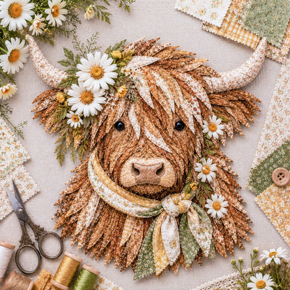 🔥 Last Day 50% OFF✨-🐮 DIY Highland Cow 3D Fabric Art Kit with Beautiful Birth Flower Design 🌸✨