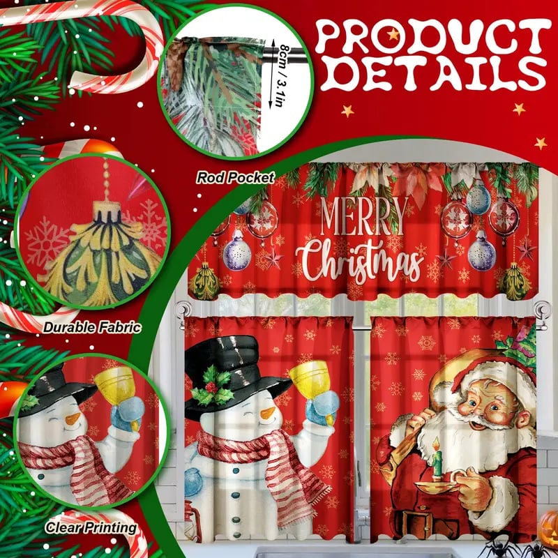 🎄Festive Christmas Kitchen Curtain Set – 3-Piece Holiday Window Decor🏡