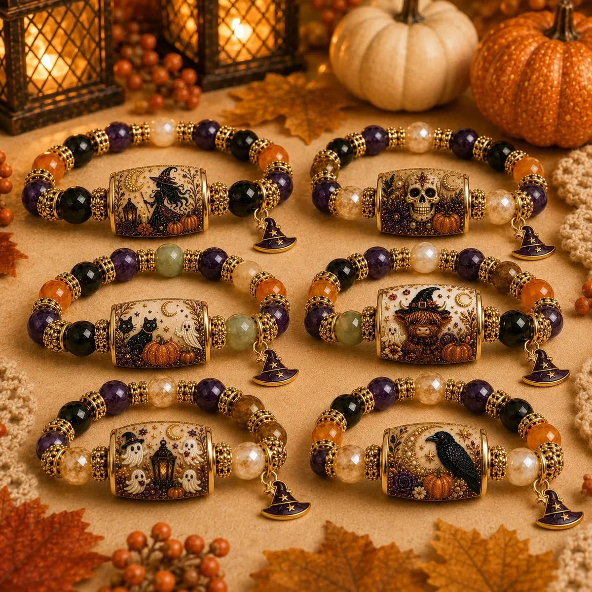 ⏰Last day Promotion 🔥-🎃 Halloween Beaded Bracelet – Black Cat & Pumpkin Charm Spooky Season Jewelry Gift