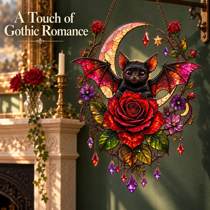 🦇 Midnight Romance – Bat, Crescent Moon & Rose Hanging Decor