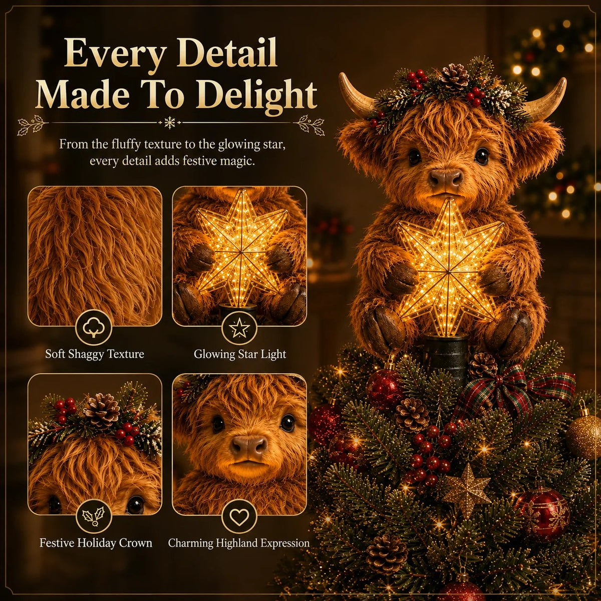 🎄 Last Day 50% OFF✨-🐮Baby Highland Cow Glowing Star Tree Topper for Magical Christmas Decor ✨