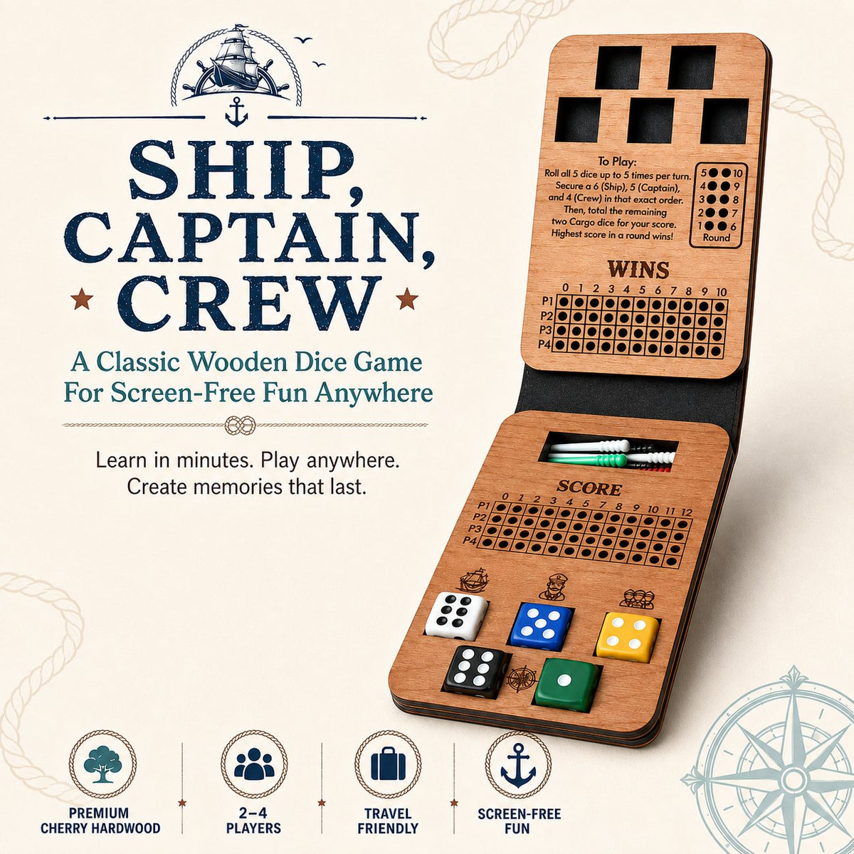 🔥 Last Day 50% OFF✨-⚓Ship, Captain, Crew Wooden Dice Game for Family Fun & Travel 🎲