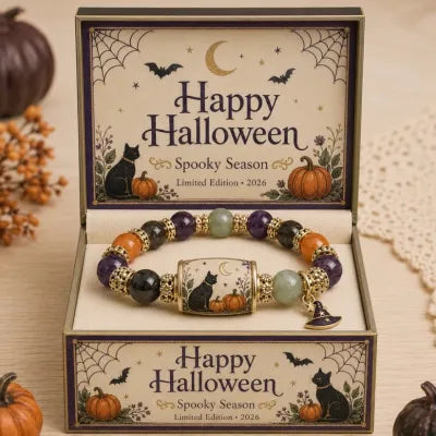 ⏰Last day Promotion 🔥-🎃 Halloween Beaded Bracelet – Black Cat & Pumpkin Charm Spooky Season Jewelry Gift