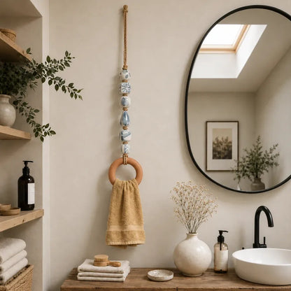 🏠Last day Promotion 🔥-🧺Beaded Towel Hanger with Wooden Ring for Stylish & Easy Bathroom Decor ✨