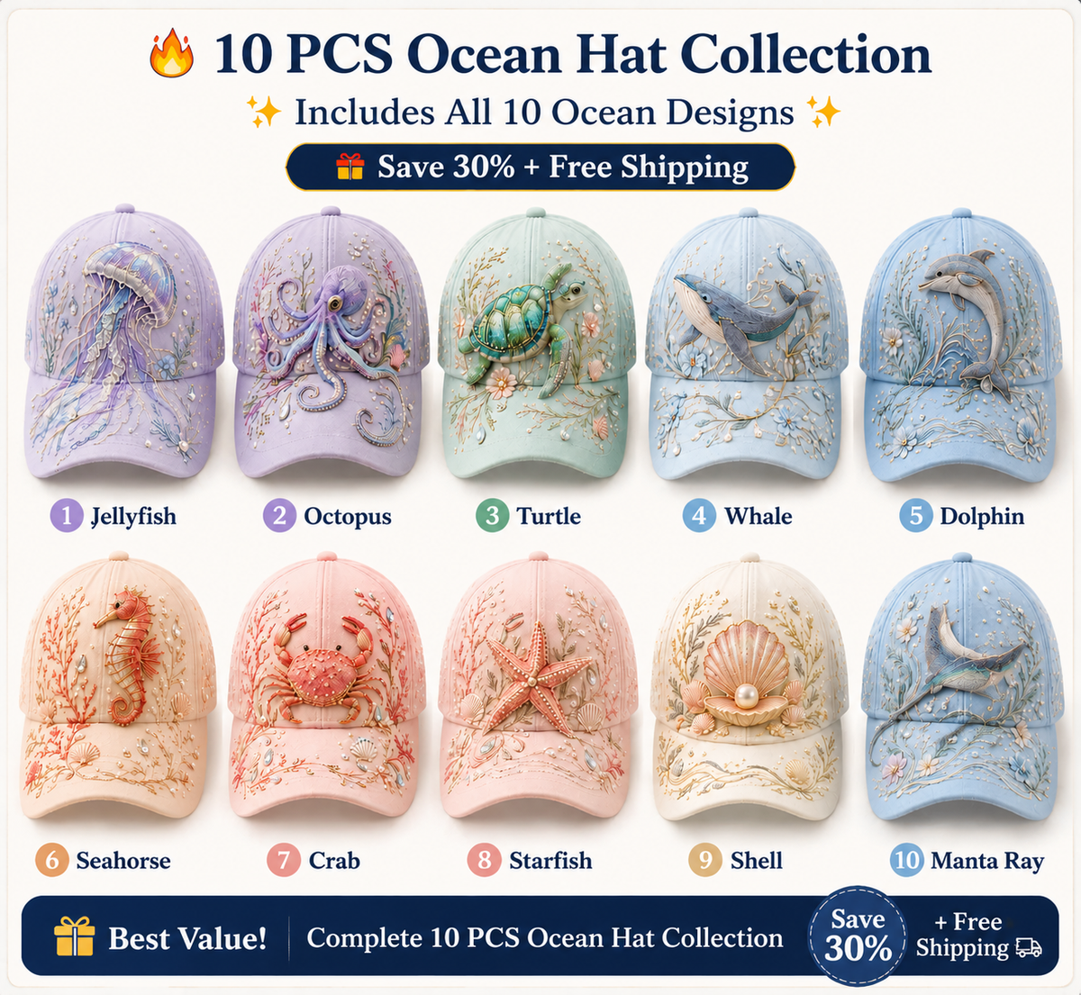 🔥Last Day 50% OFF-🌊 3D Ocean Creatures Embroidery Cap