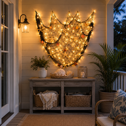 ⏰Last day Promotion 🔥-🌊✨ Coastal Fishing Net Wall Hanging with Fairy Lights