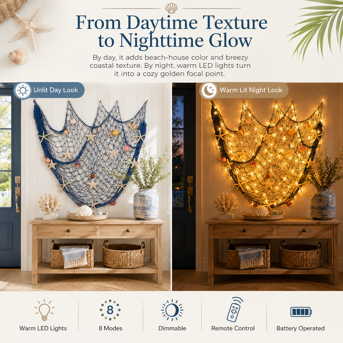⏰Last day Promotion 🔥-🌊✨ Coastal Fishing Net Wall Hanging with Fairy Lights