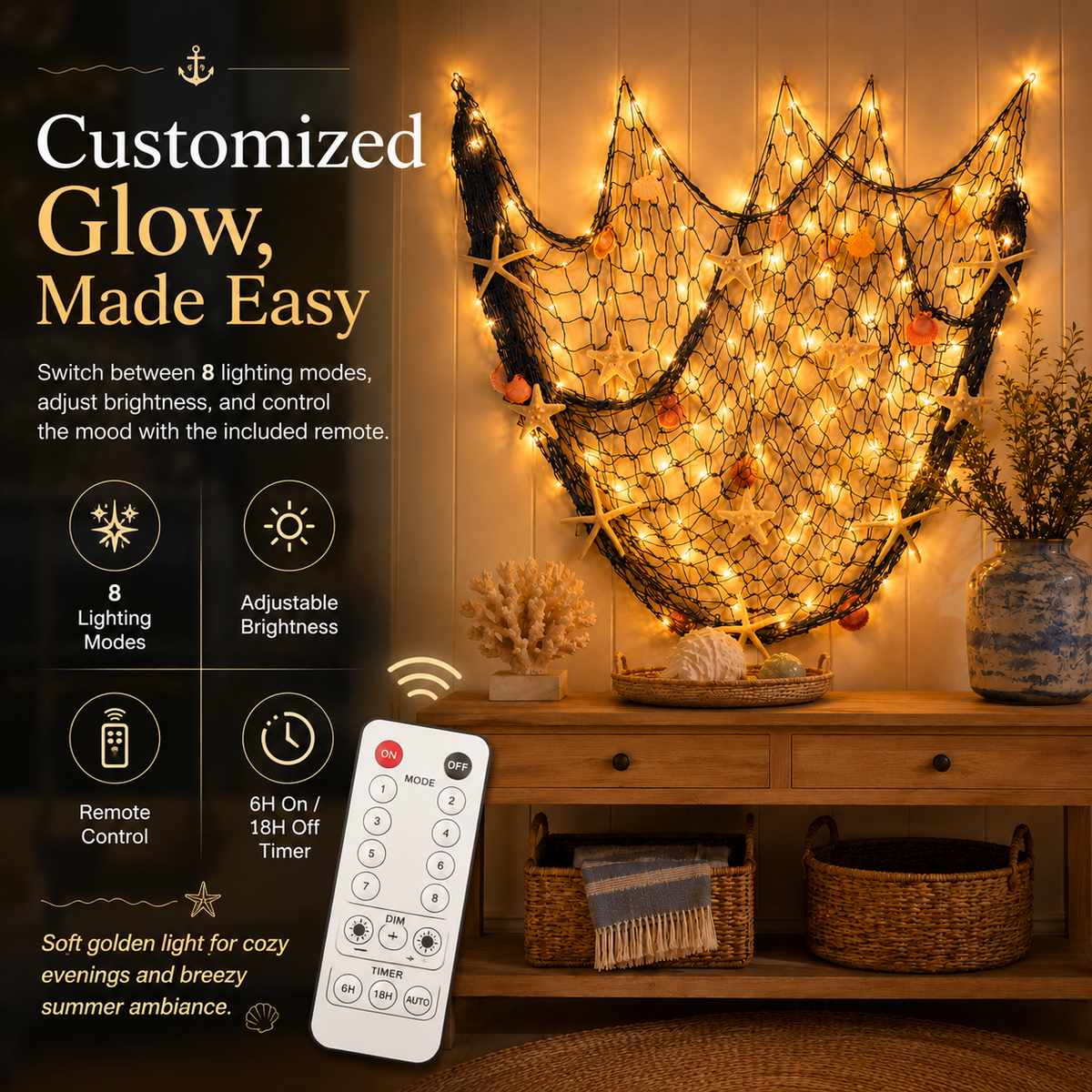 ⏰Last day Promotion 🔥-🌊✨ Coastal Fishing Net Wall Hanging with Fairy Lights