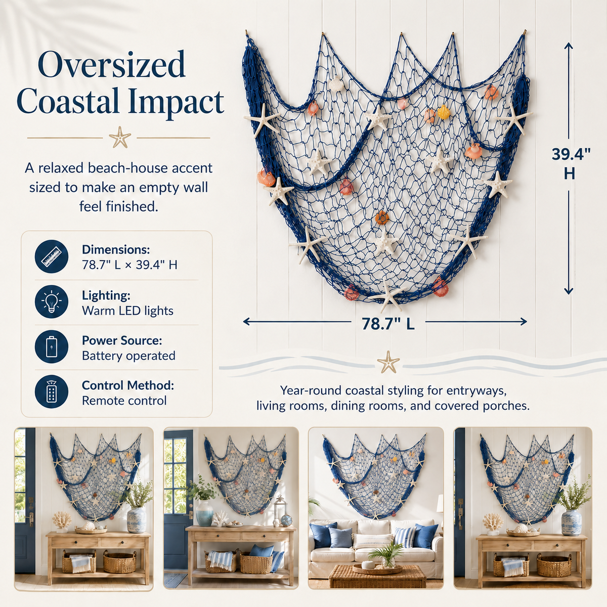 ⏰Last day Promotion 🔥-🌊✨ Coastal Fishing Net Wall Hanging with Fairy Lights