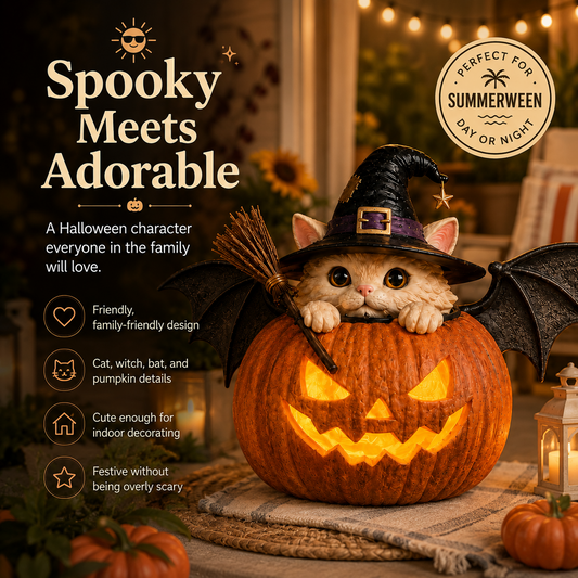 🔥 Holiday Celebration 50% OFF ✨- Cute Witch Cat Pumpkin Light with Flickering LED & Timer for Easy Decor 🎃✨