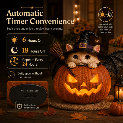 🔥 Holiday Celebration 50% OFF ✨- Cute Witch Cat Pumpkin Light with Flickering LED & Timer for Easy Decor 🎃✨
