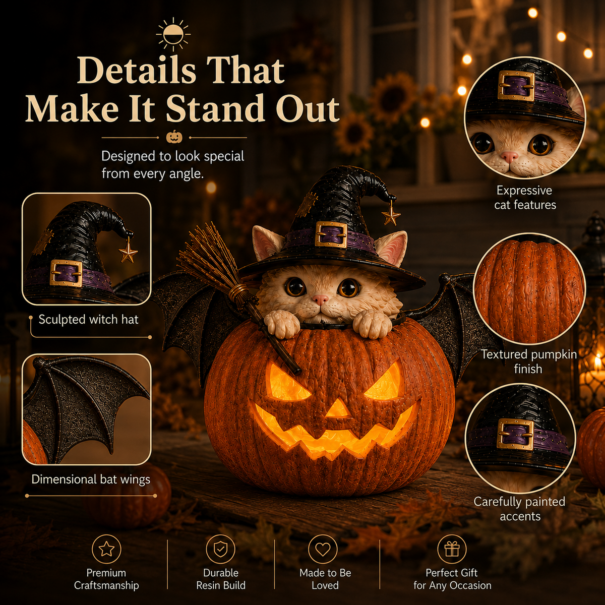 🔥 Holiday Celebration 50% OFF ✨- Cute Witch Cat Pumpkin Light with Flickering LED & Timer for Easy Decor 🎃✨