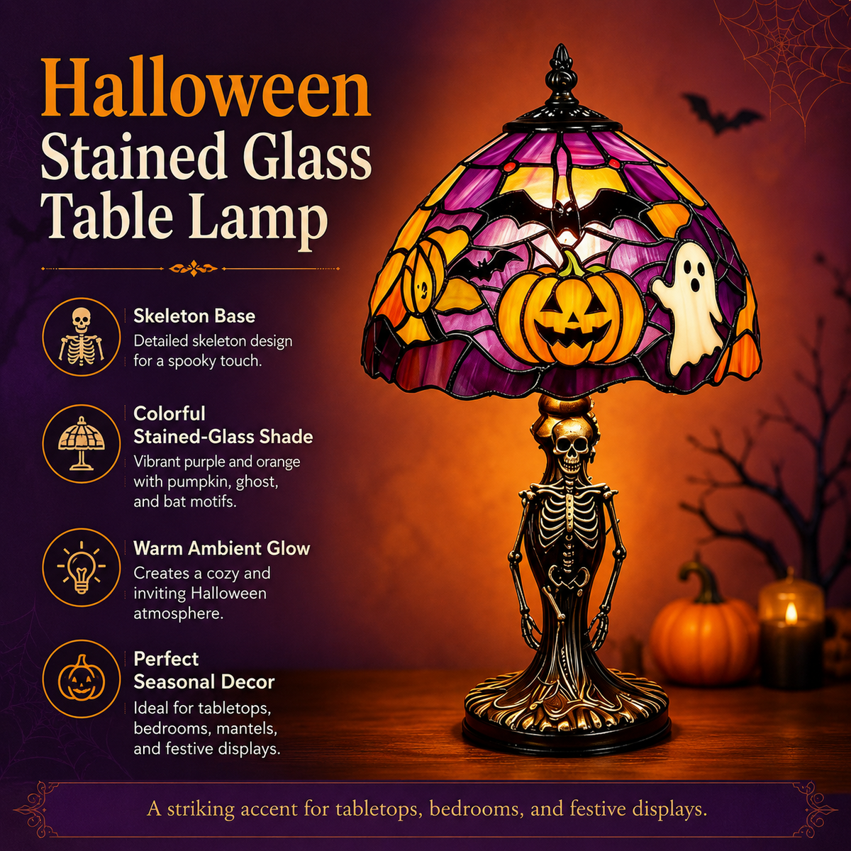 🔥 Holiday Celebration 50% OFF ✨-🎃 Spooky Tiffany Pumpkin Ghost Bat Lamp for Cozy Halloween Desk Decor 👻✨