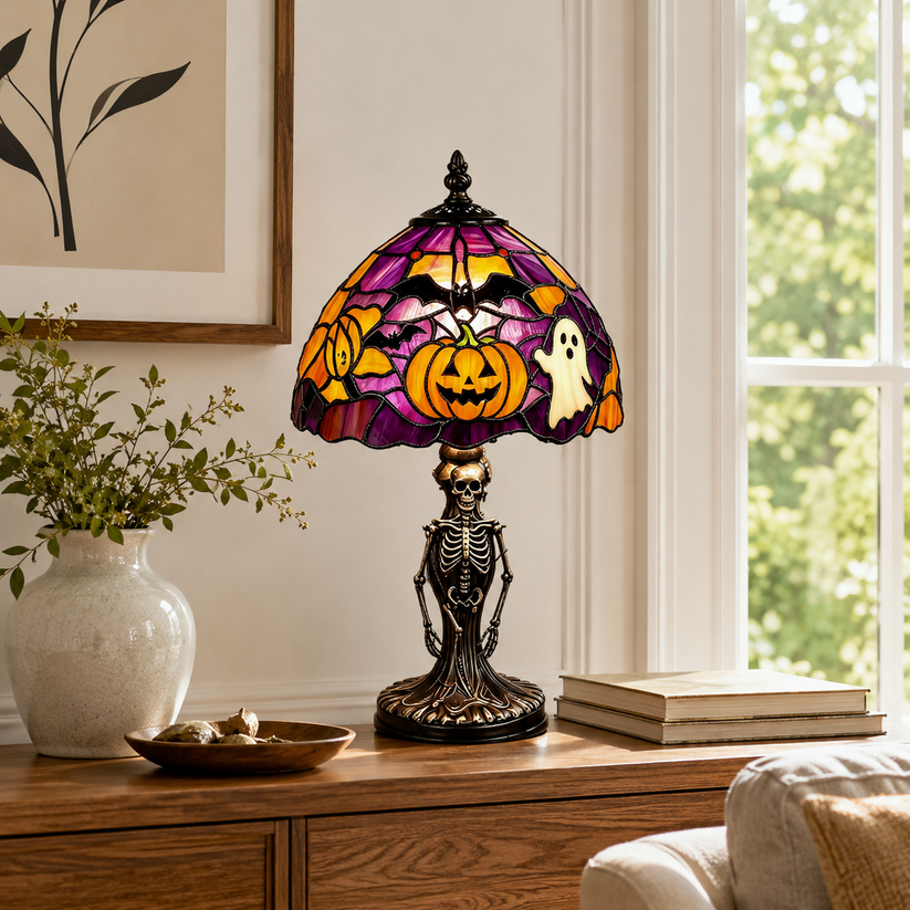 🔥 Holiday Celebration 50% OFF ✨-🎃 Spooky Tiffany Pumpkin Ghost Bat Lamp for Cozy Halloween Desk Decor 👻✨