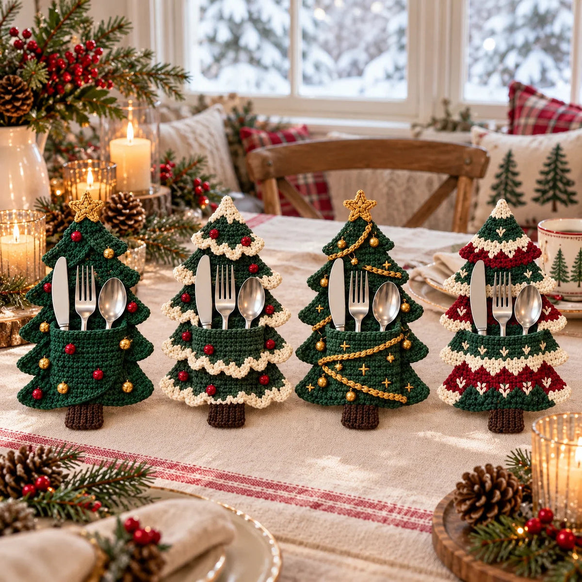 🧶 Holiday Celebration 50% OFF ✨-🎄4 Cute Crochet Christmas Tree Cutlery Holder Patterns 🎁