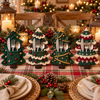 🧶 Holiday Celebration 50% OFF ✨-🎄4 Cute Crochet Christmas Tree Cutlery Holder Patterns 🎁