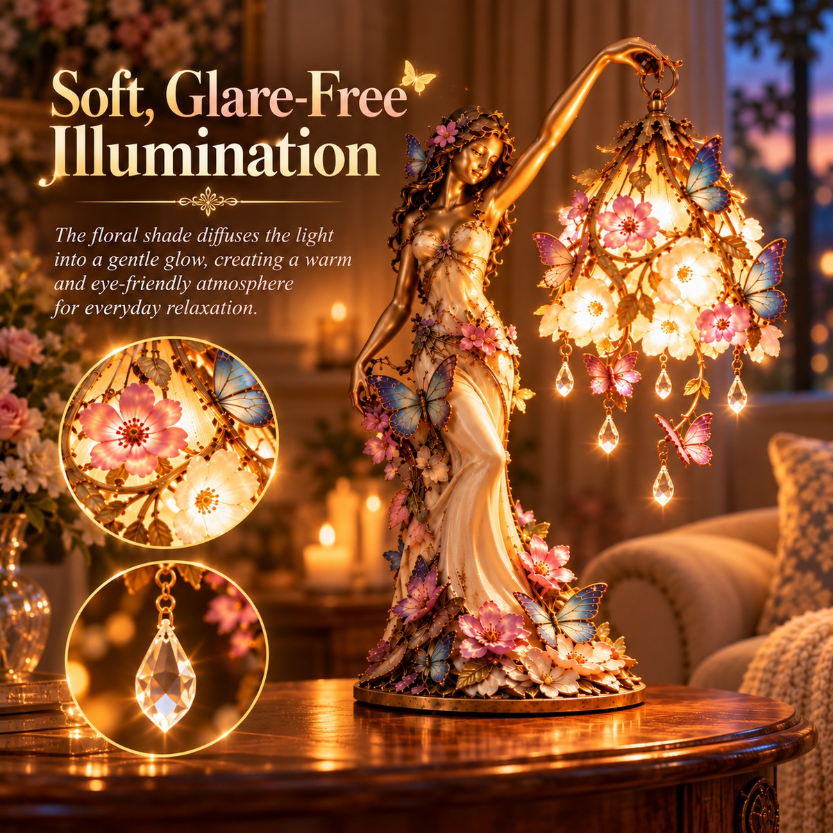 🌸 Last Day 50% OFF✨-🦋 Butterfly Lady Accent Lamp - Elegant Floral Goddess Light with Crystal Drops✨