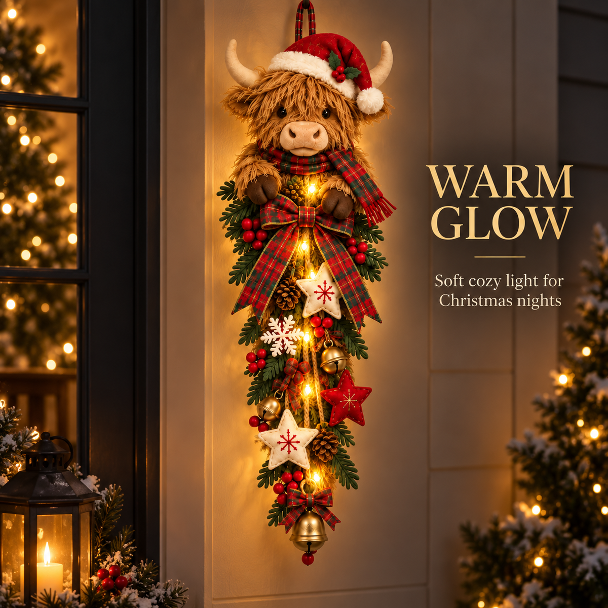 🔥 Last Day 50% OFF✨-🐮 Lighted Highland Cow Christmas Door Swag for Cozy Farmhouse Holiday Decor 🎄