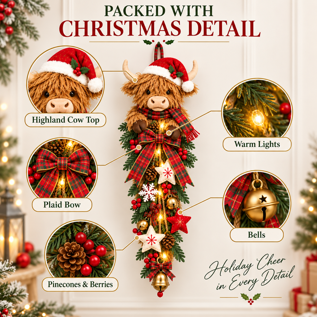 🔥 Last Day 50% OFF✨-🐮 Lighted Highland Cow Christmas Door Swag for Cozy Farmhouse Holiday Decor 🎄