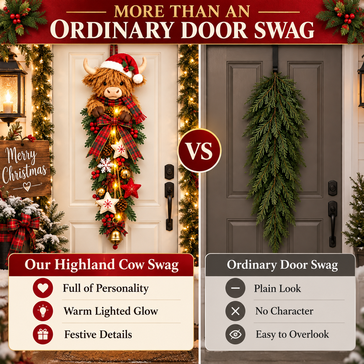 🔥 Last Day 50% OFF✨-🐮 Lighted Highland Cow Christmas Door Swag for Cozy Farmhouse Holiday Decor 🎄