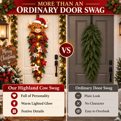🔥 Last Day 50% OFF✨-🐮 Lighted Highland Cow Christmas Door Swag for Cozy Farmhouse Holiday Decor 🎄