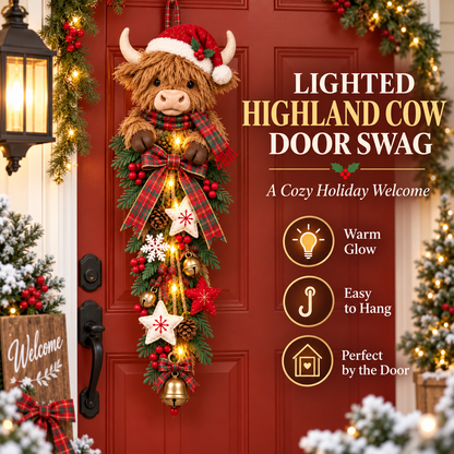 🔥 Last Day 50% OFF✨-🐮 Lighted Highland Cow Christmas Door Swag for Cozy Farmhouse Holiday Decor 🎄