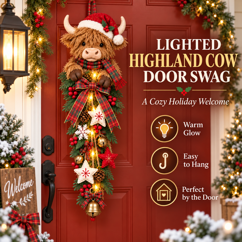 🔥 Last Day 50% OFF✨-🐮 Lighted Highland Cow Christmas Door Swag for Cozy Farmhouse Holiday Decor 🎄
