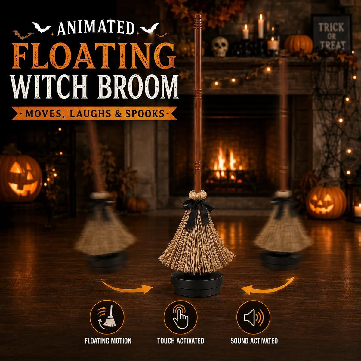 🎉Last Day 50% OFF✨-🧙‍♀️Animated Floating Witch Broom Halloween Decor with Touch-Activated Magic for Spooky Home & Party Ambiance🧹