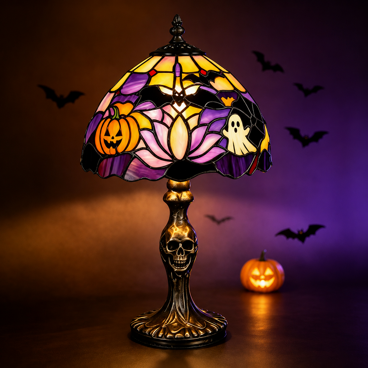 🔥 Holiday Celebration 50% OFF ✨-🎃 Spooky Tiffany Pumpkin Ghost Bat Lamp for Cozy Halloween Desk Decor 👻✨