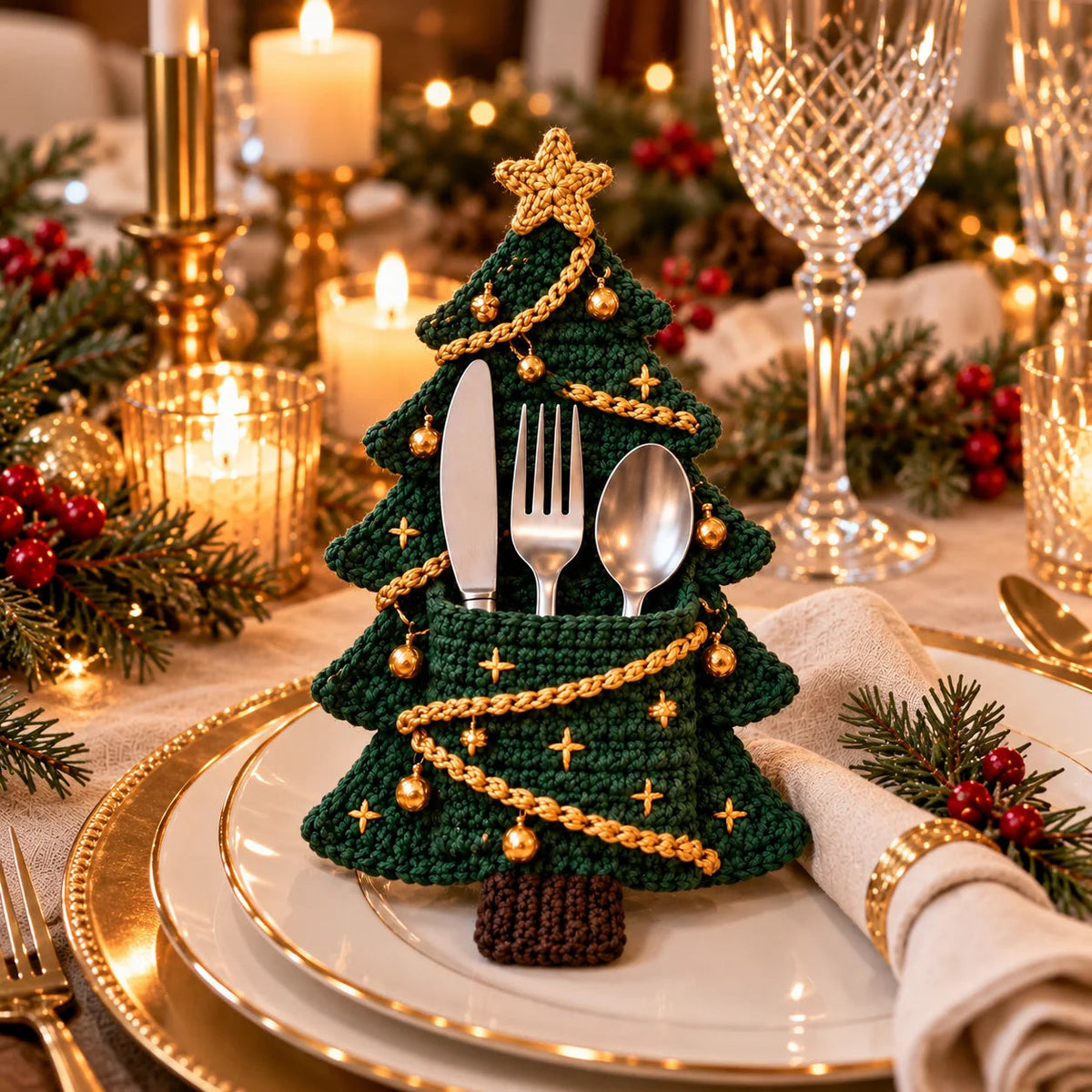 🧶 Holiday Celebration 50% OFF ✨-🎄4 Cute Crochet Christmas Tree Cutlery Holder Patterns 🎁