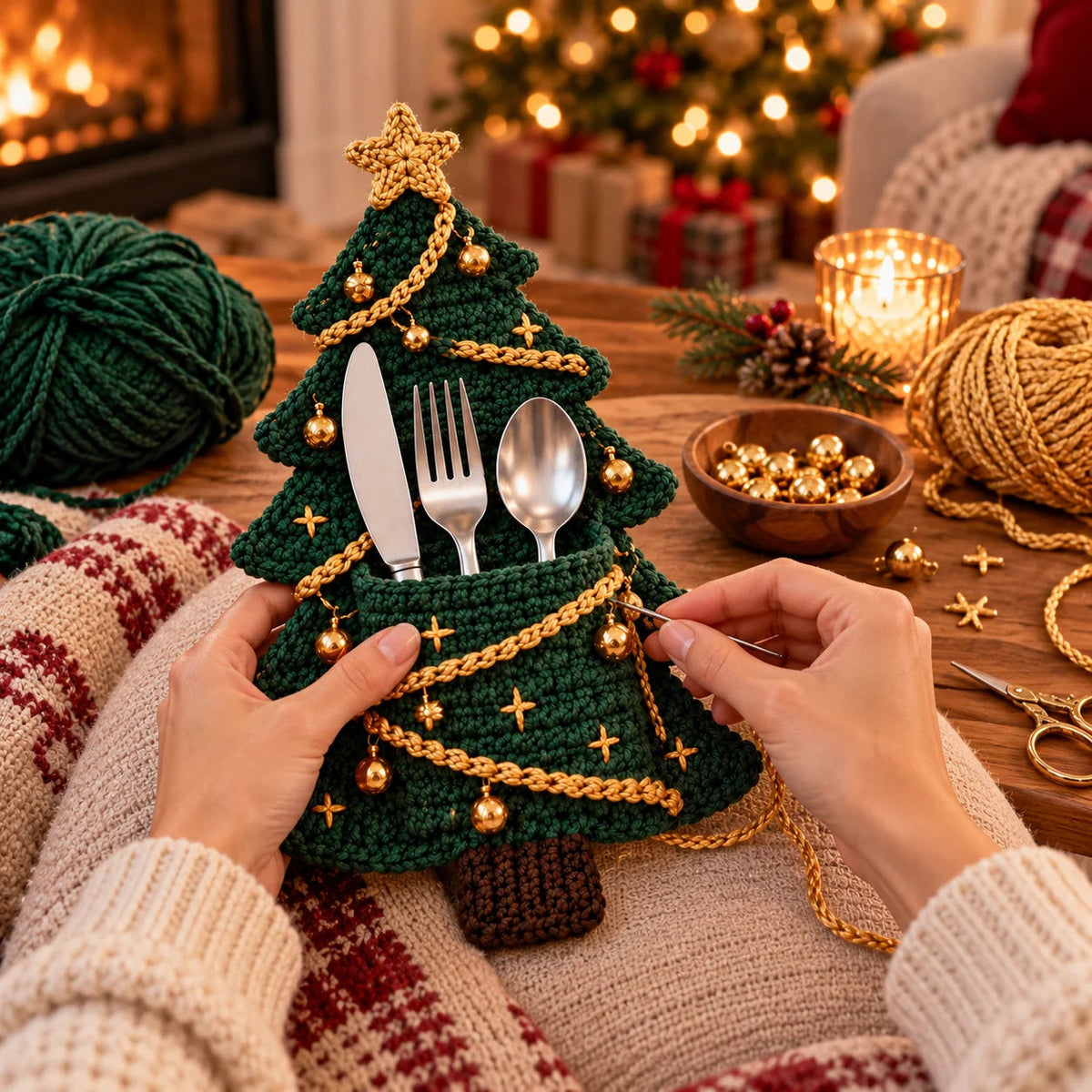 🧶 Holiday Celebration 50% OFF ✨-🎄4 Cute Crochet Christmas Tree Cutlery Holder Patterns 🎁