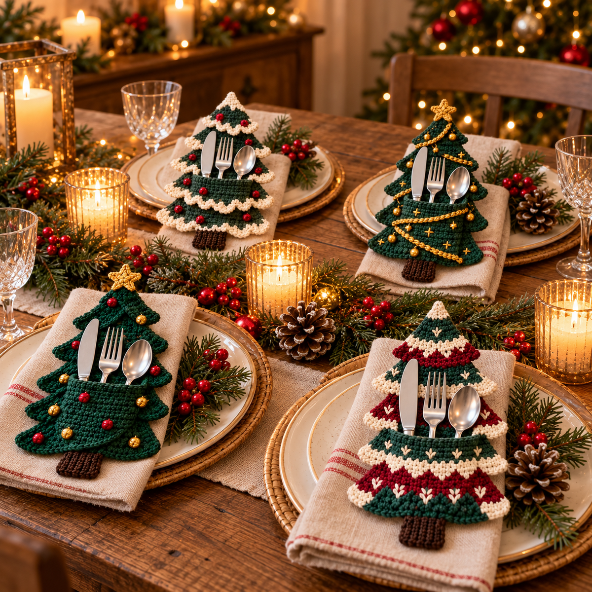 🧶 Holiday Celebration 50% OFF ✨-🎄4 Cute Crochet Christmas Tree Cutlery Holder Patterns 🎁