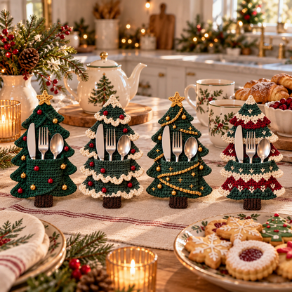 🧶 Holiday Celebration 50% OFF ✨-🎄4 Cute Crochet Christmas Tree Cutlery Holder Patterns 🎁