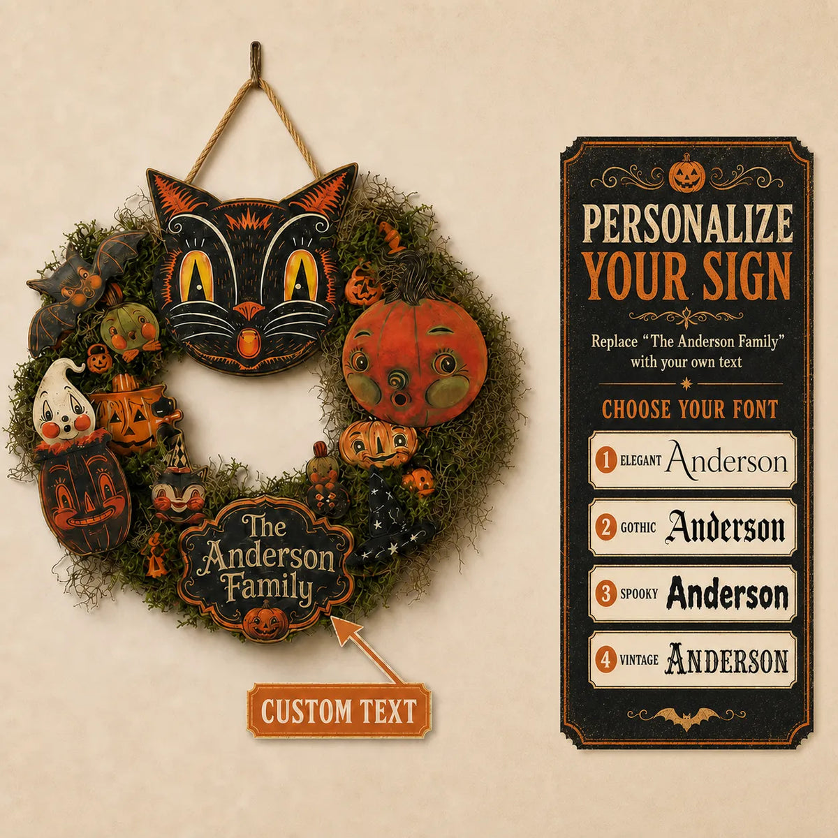 🐈 Last Day 50% OFF✨-🎃Personalized Black Cat Halloween Door Sign with Family Name for Cozy Fall Porch Decor 🐈‍⬛