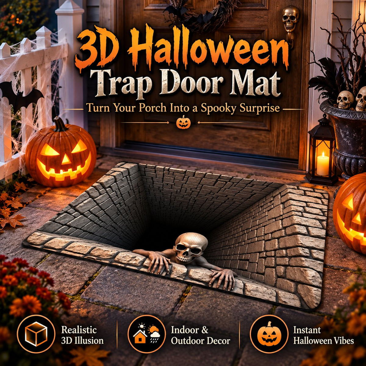 👻 Last Day 50% OFF✨-💀3D Skull Pit Halloween Rug with Creepy Skeleton Illusion for Spooky Home Decor 👻