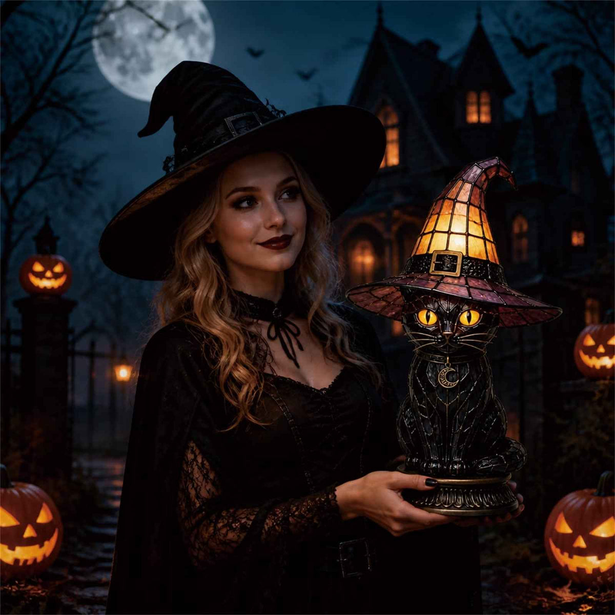 🔥Exclusive Limited Item 👍🔥50%OFF🐈 Gothic Stained Glass Witch Black Cat Table Lamp | Halloween Witch Hat Night Light Decor