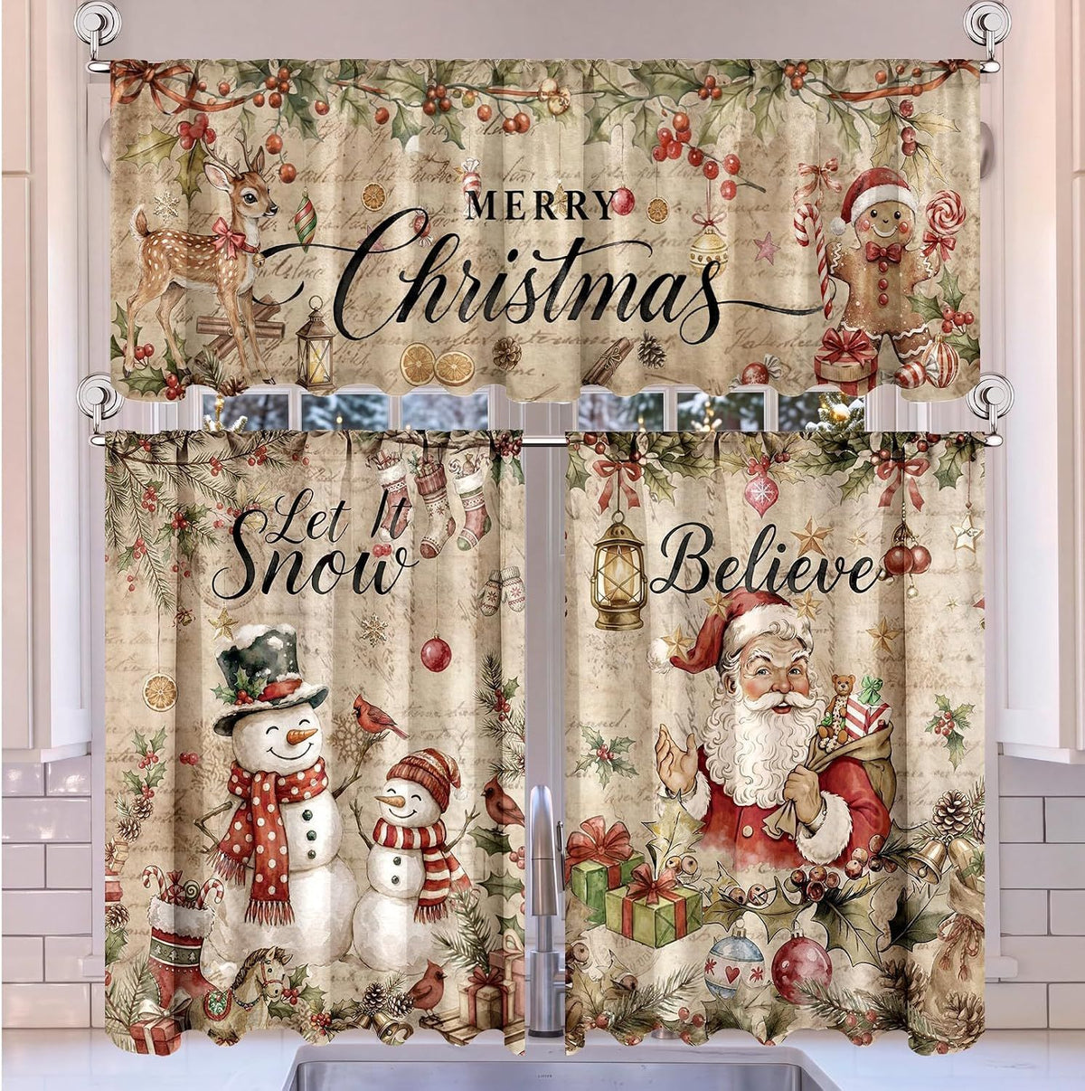 🎄Festive Christmas Kitchen Curtain Set – 3-Piece Holiday Window Decor🏡