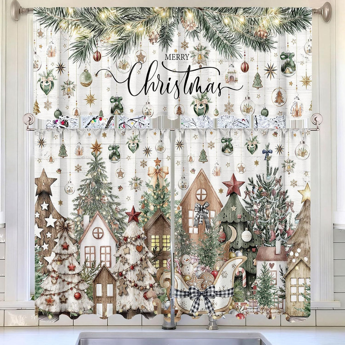 🎄Festive Christmas Kitchen Curtain Set – 3-Piece Holiday Window Decor🏡