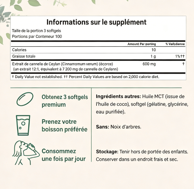 Cannelle de Ceylan 7200 mg  Équivalent à l'huile TCM