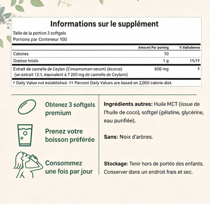 Cannelle de Ceylan 7200 mg  Équivalent à l'huile TCM