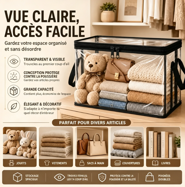 Bacs de rangement en PVC transparent avec poignées – pour livres, jouets, médias et organisation