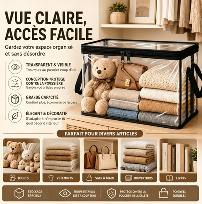 Bacs de rangement en PVC transparent avec poignées – pour livres, jouets, médias et organisation
